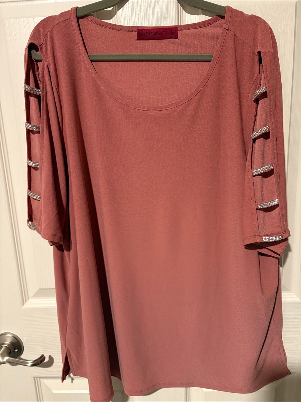 Scarlett Dusty Rose Short Sleeve Top with Rhinestone Ladder Sleeves